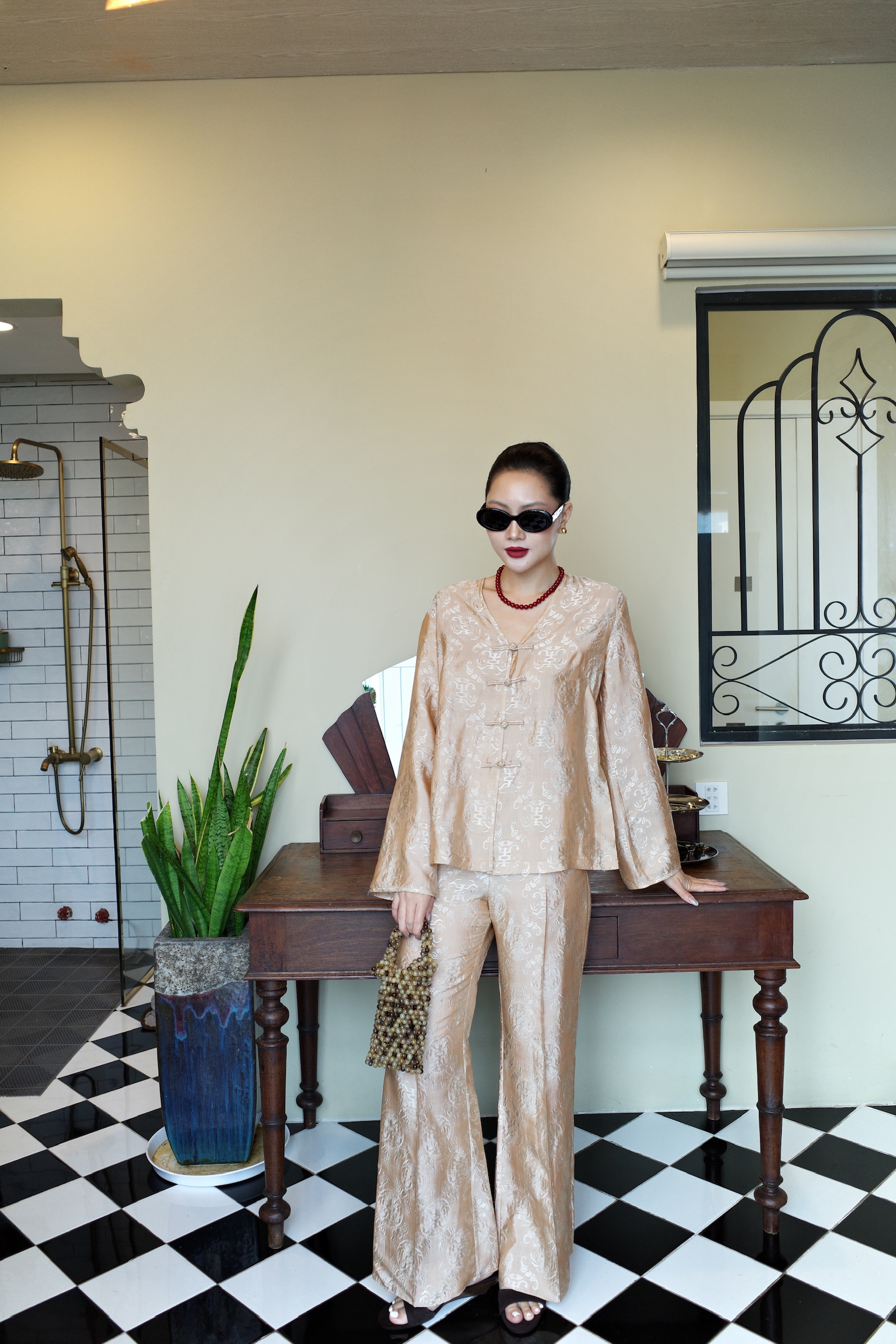 V-Neck Brocade Silk Set