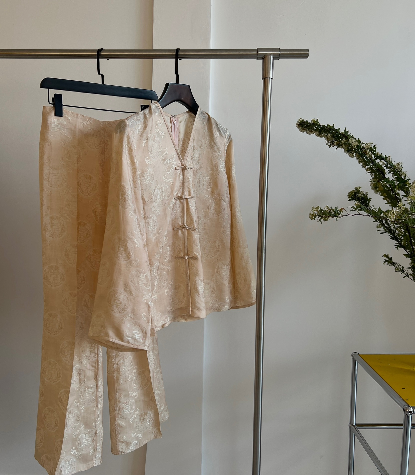 V-Neck Brocade Silk Set