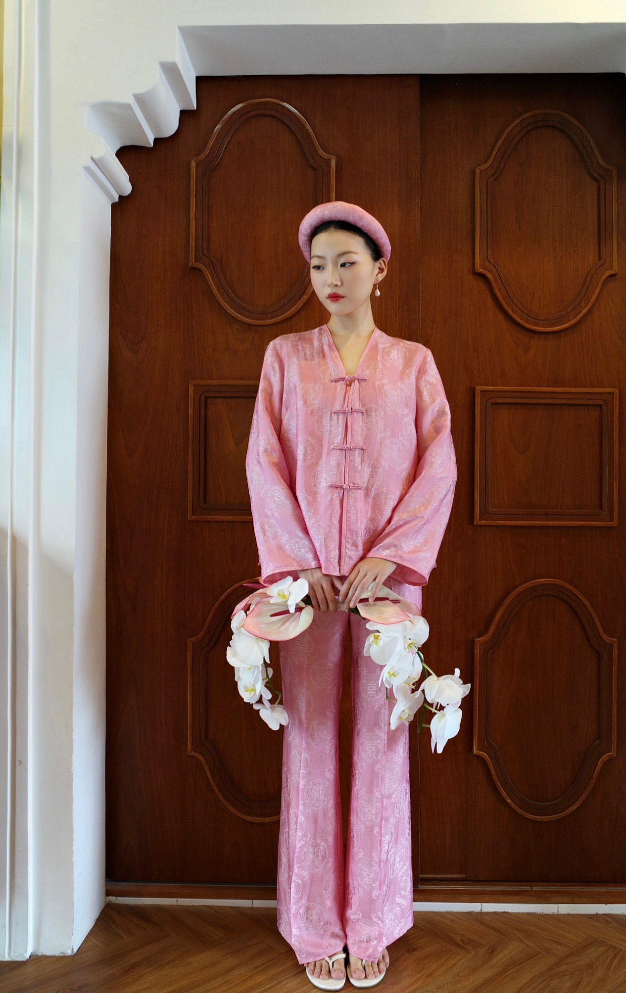 V-Neck Brocade Silk Set